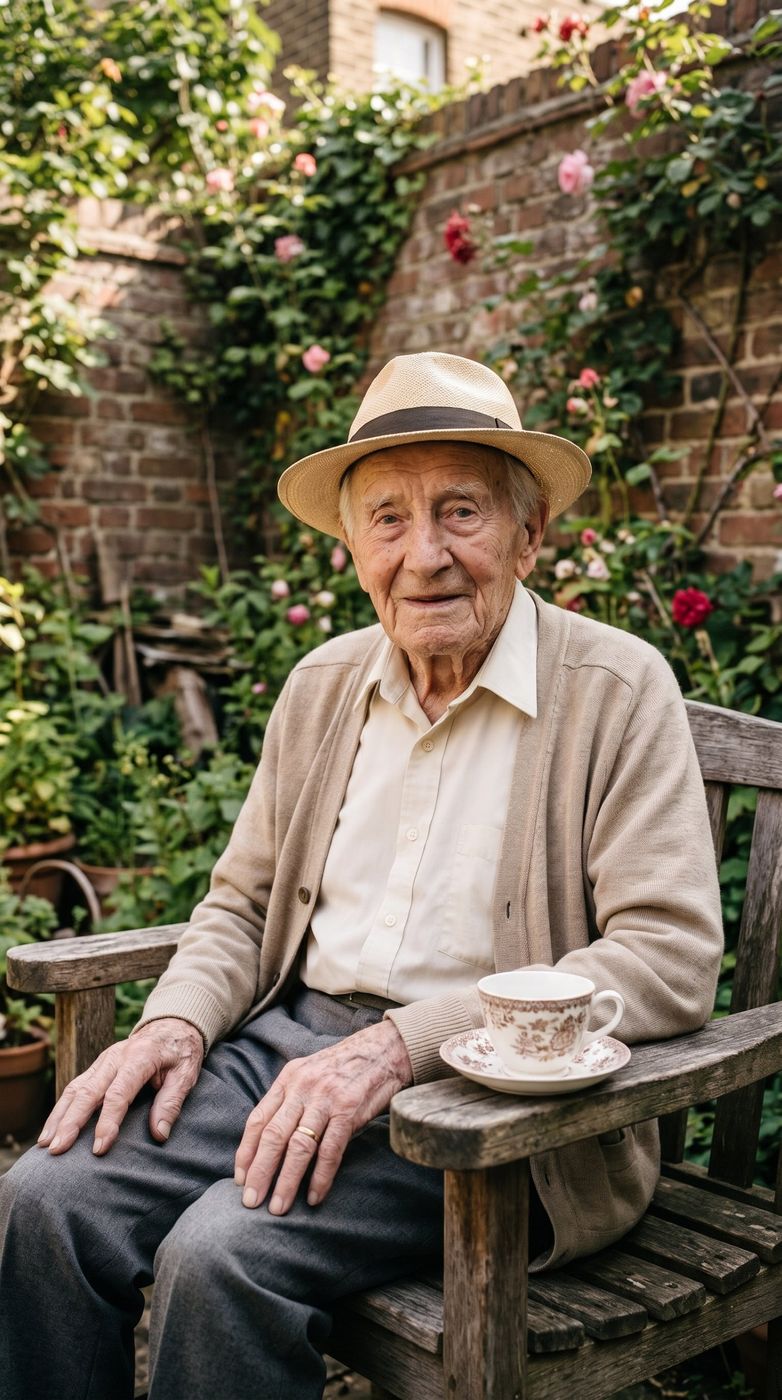 Reg on a garden bench with a cup of tea