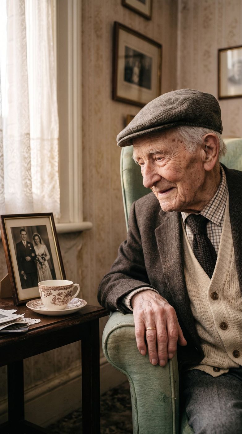 Reg beside his wedding photograph and a china teacup